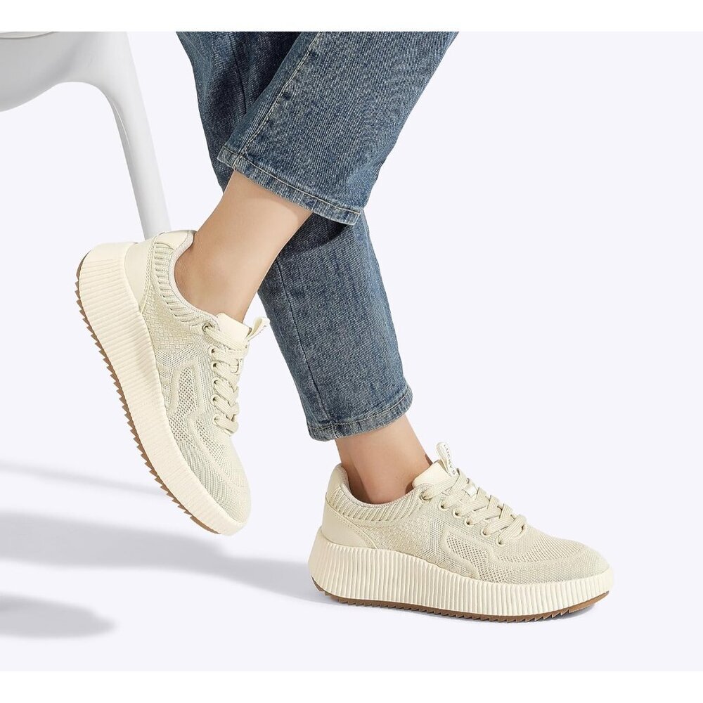 Lucky Step Women's Beige Platform Sneakers Rhinestone Fashion Chunky Shoes - Picture 9 of 9